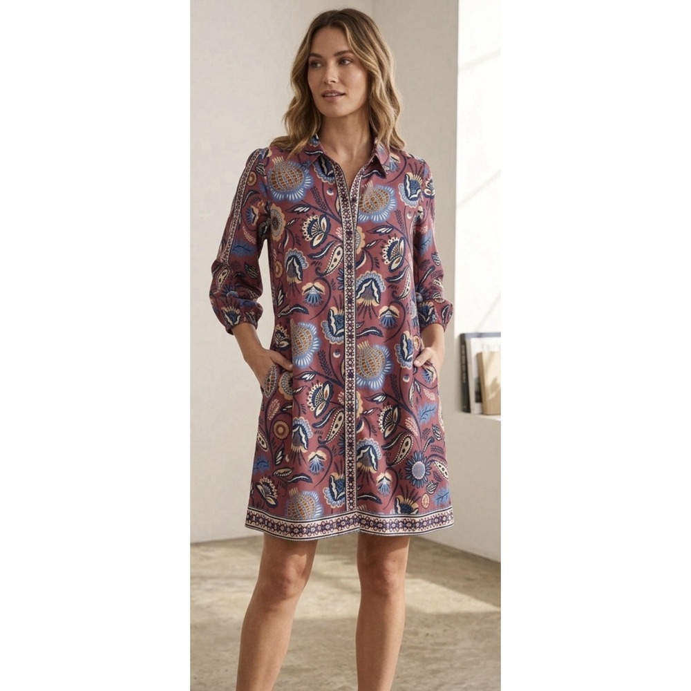 Maude Vivante Ava Brown Floral Shirt Dress Size L 3/4 Sleeve Made India Pockets